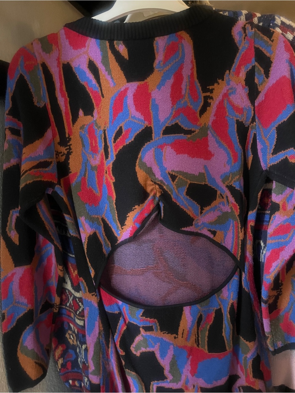 Farm Rio maxi long sleeve sweater dress with colorful horse print, keyhole back - Picture 5 of 7